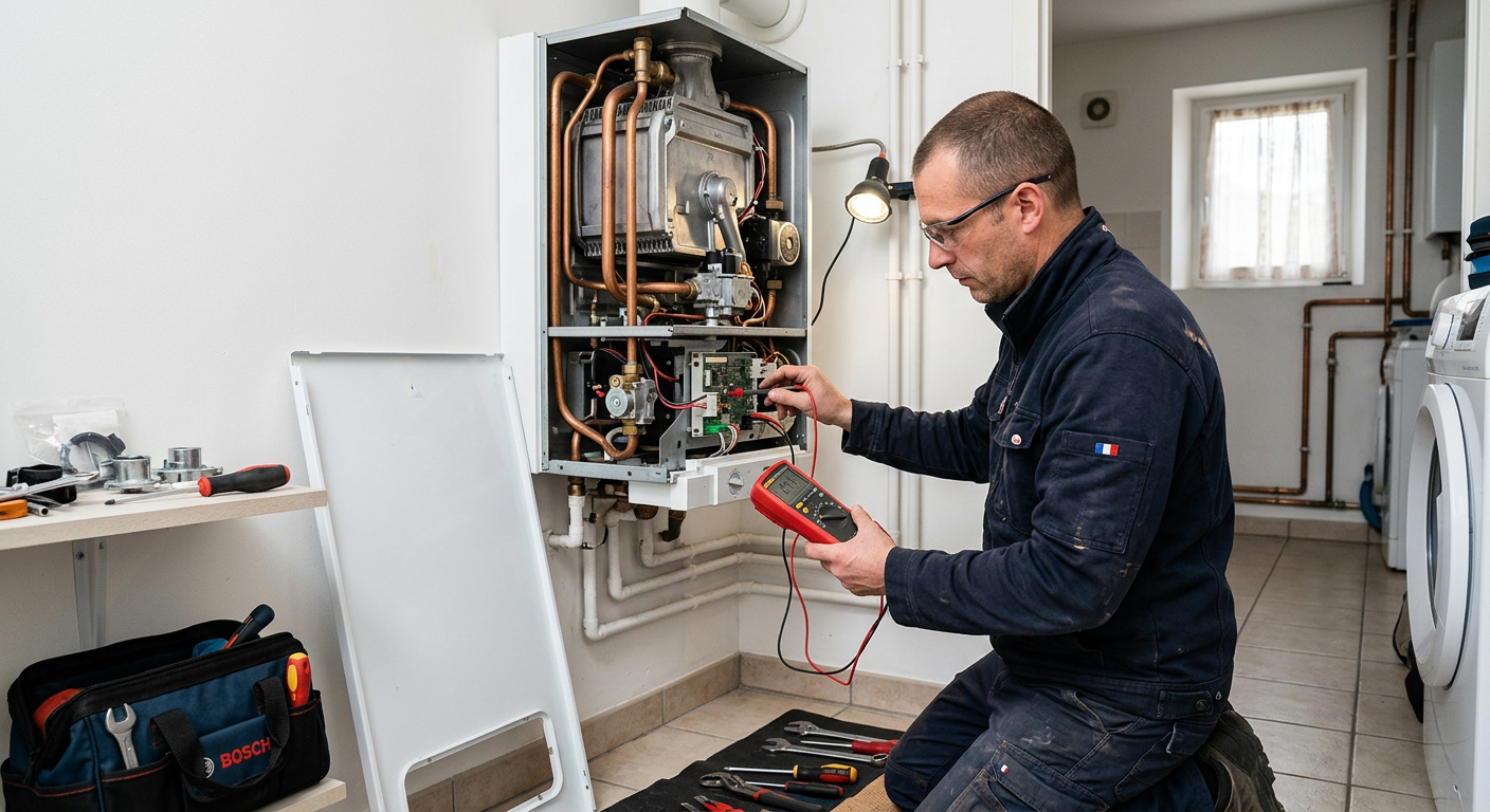 Chauffagiste réparant une chaudière gaz murale à Saint-Maur-des-Fossés