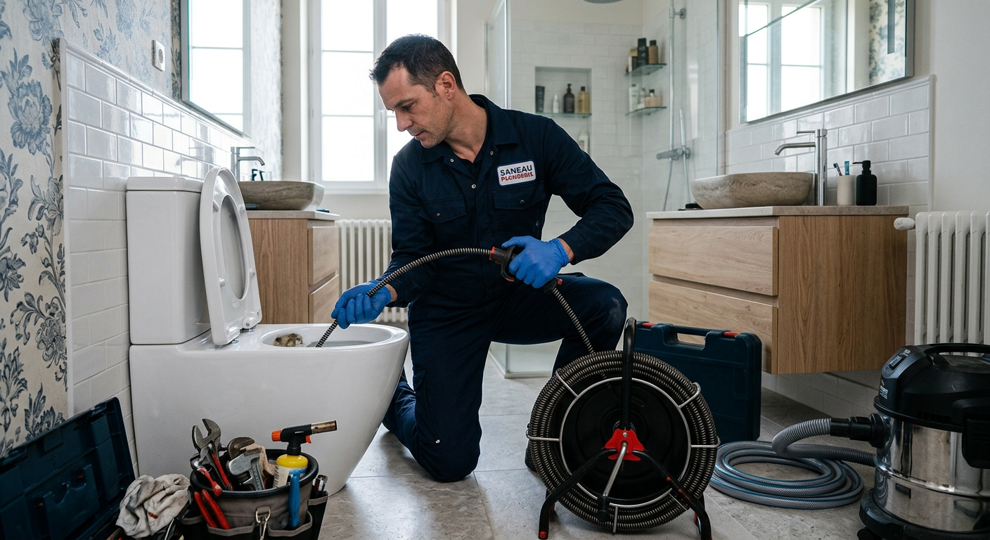 Plombier débouchant des WC avec un furet électrique à Saint-Maur-des-Fossés