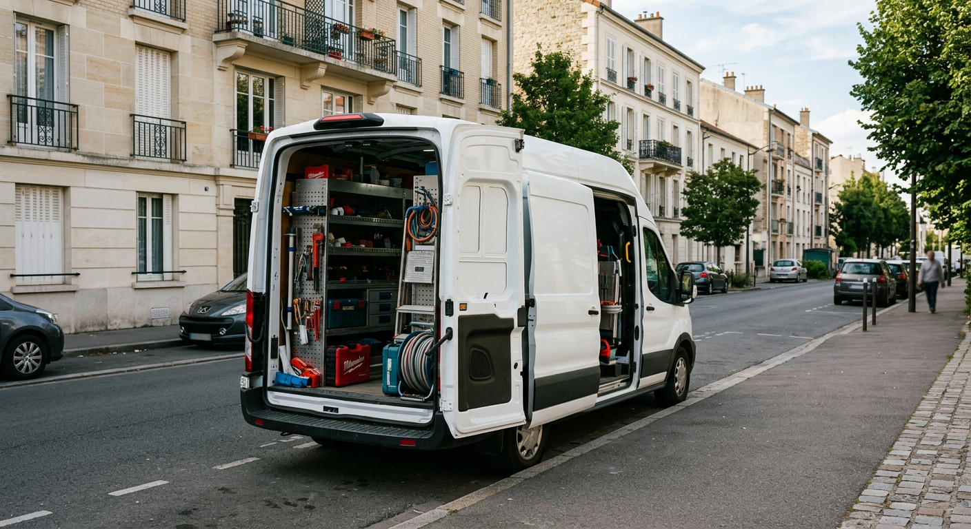 Camionnette plombier Allo Plombier Saint-Maur-des-Fossés en intervention dans le Val-de-Marne